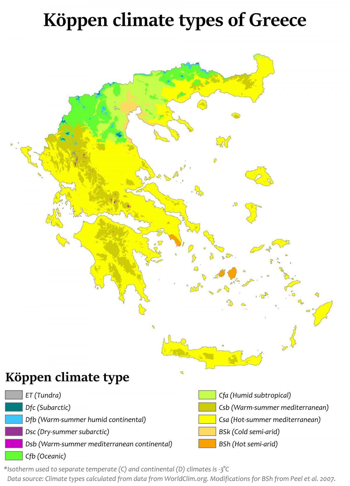 Mapa de la temperatura de Grecia